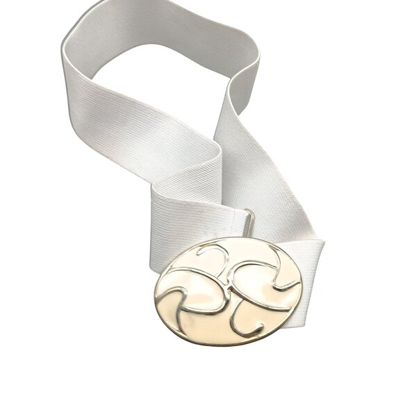 White Elastic Belt With Gold & Cream Enamel Swirl Buckle Womens Adjustable Waist - Picture 2 of 3